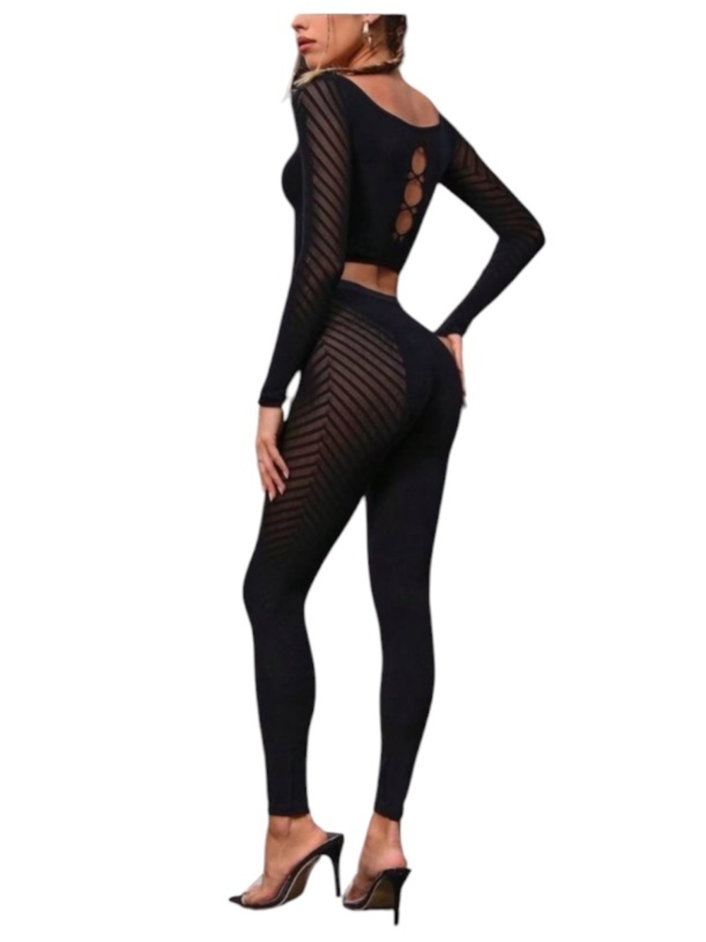 SHEIN Unity Women'S Mesh Spliced Long Sleeve Cropped Top And Pants Set